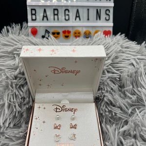 Disney Bowtiful Minnie Mouse Rose Gold/Pearl Bow Earring 3 Pair Set $50 Retail
